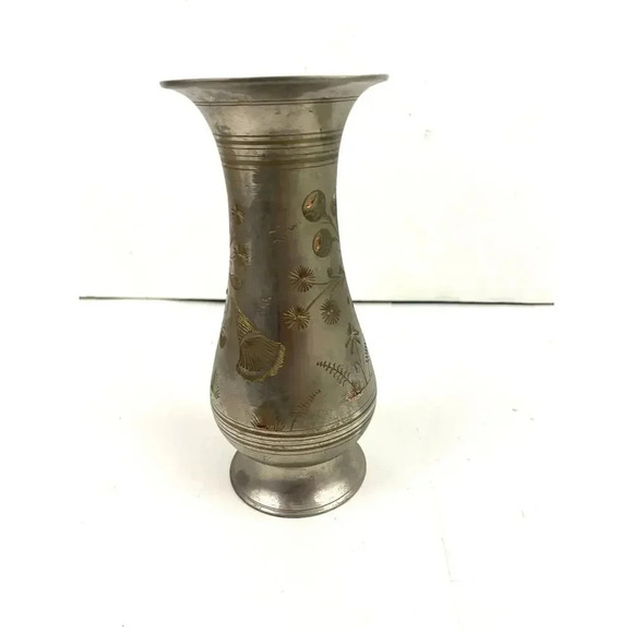 VTG Silver Tone Metal Middle Eastern Vase With Etching 8" Tall Birds Fish - Picture 14 of 14